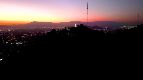 Aerial Statue Illuminated Sanctuary Immaculate Conception San Cristobal Hill Summit — Vídeo de Stock