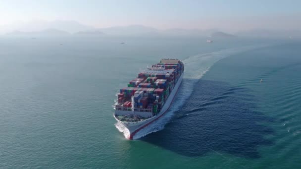 Aerial Front View Loaded Container Cargo Vessel Traveling Ocean — Stok video