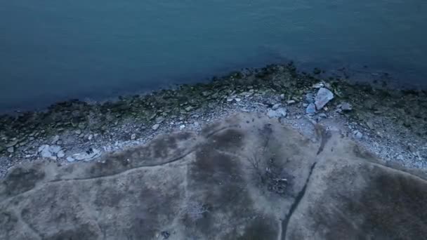 Aerial View Park Bay Drone Camera Follows Two People Walking — Vídeo de Stock