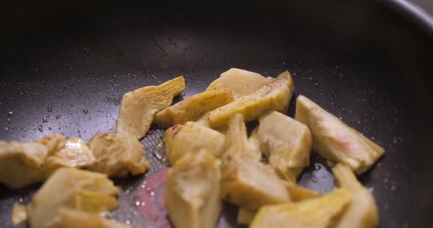 Chopped Artichoke Frying Skillet Pan Fried Artichoke Close — 비디오