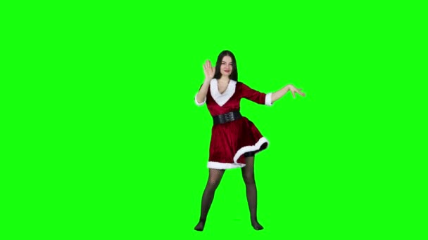 Bailarina Femenina Feliz Atractiva Traje Navidad Bailando Delante Una Pantalla — Vídeo de stock