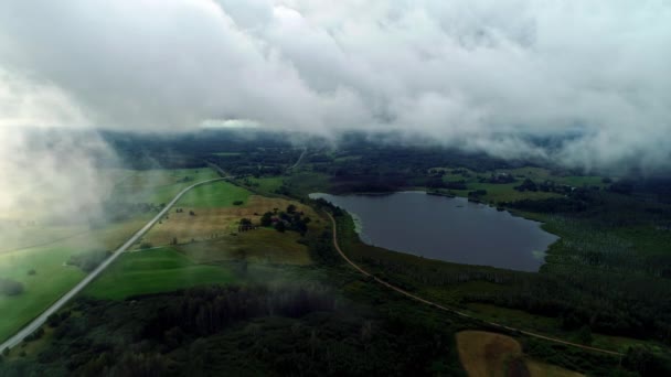 Aerial Backward Moving Shot Beautiful Rural Landscape Green Grasslands Small — Stock Video