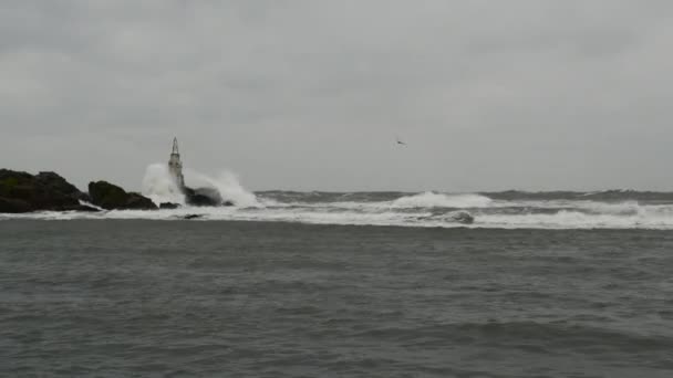 波が砕けるロッキー島のアトプール灯台のモノクロームビュー 黒海沿岸ブルガリアのアフトプールにある — ストック動画