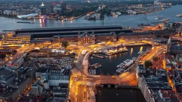 Amsterdam Netherlands Aerial Night Hyperlapse Urban Cityscape Done Flyover Old — Stock Video