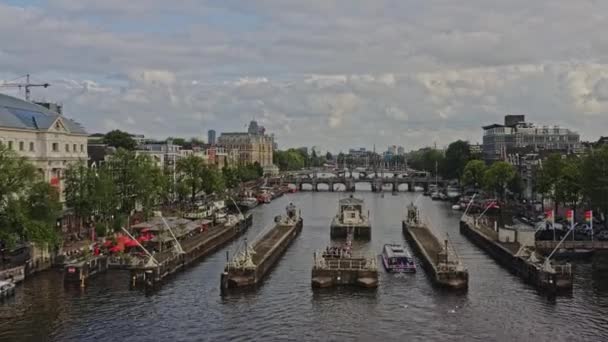 Amsterdam Netherlands Aerial V21 Low Level Drone Flyover Multiple Bridges — стоковое видео