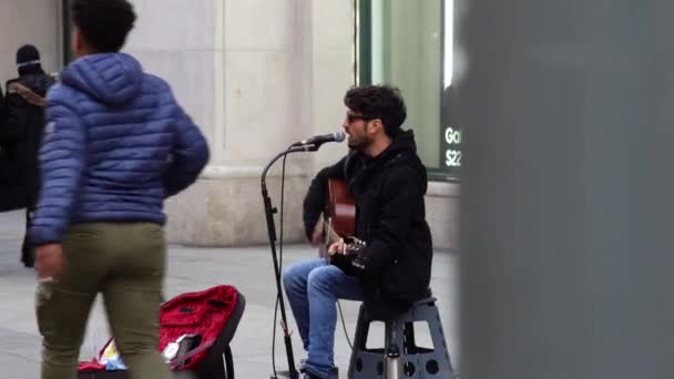 Young Buskers Play Guitar Sing Microphone Performing Street Art — Stockvideo