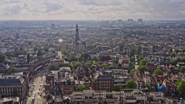 Amsterdam Netherlands Aerial V42 Pull Out Shot Away Westertoren Church — ストック動画