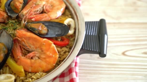 Seafood Paella Prawns Clams Mussels Saffron Rice Spanish Food Style — Stock Video