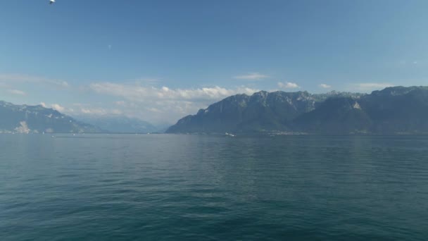 Aerial Lake Geneva Mountains Background Birds Flying Foreground — стокове відео