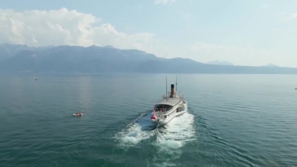 Aerial Old Boat Living Harbour Lake Geneva — Wideo stockowe