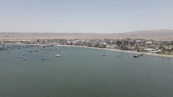 Aerial Pan Right Desert Port Town Paracas Waterfront Peru — стоковое видео