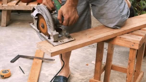 Becerikli Marangoz Sanayi Dairesi Testere Makinesiyle Bir Parça Odun Keserek — Stok video