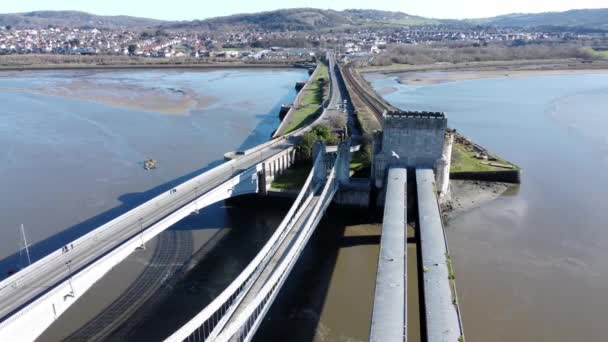 Aerial View Conwy Castle Railway Transport Bridge Town Bay River — Video Stock