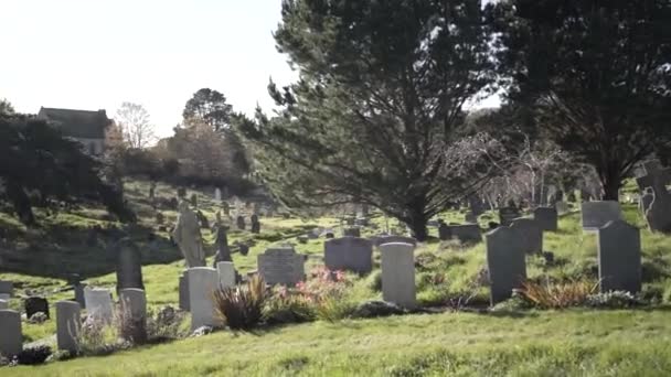 Panning Shot Tombe Cimitero Ford Park Plymouth Con Raggi Solari — Video Stock