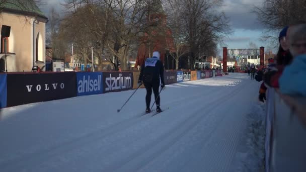 Cross Country Skier Arriving Finish Line Vasaloppet Long Distance Cross — Wideo stockowe