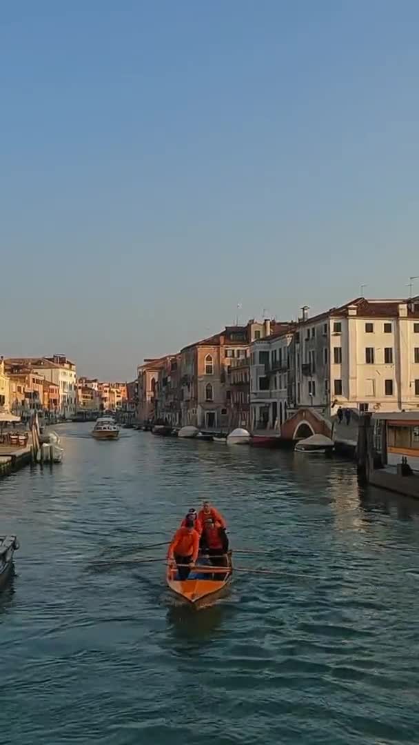 Team Four Oarsmen Training Rowing Standing Venetian Traditional Boat Venice — Wideo stockowe