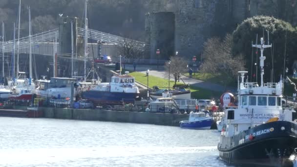 Scenic Welsh Kust Vismarkt Historische Kasteel Stad Haven Schepen Verankerd — Stockvideo