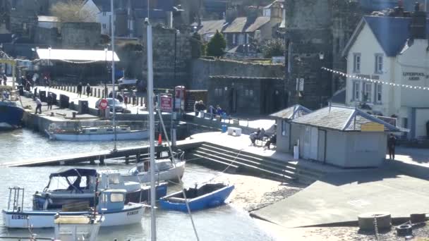 Scenic Welsh Coastal Fishing Market Castle Town Harbour Sailboats Anchored — 비디오