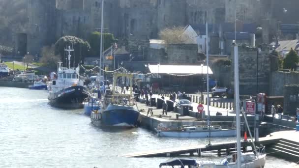 风景秀丽的威尔士沿海渔市城堡镇港口 停泊在海滨的渔船 — 图库视频影像