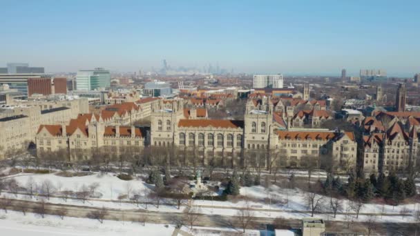 Vista Aérea Fija Del Campus Universidad Chicago Con Horizonte Chicago — Vídeos de Stock