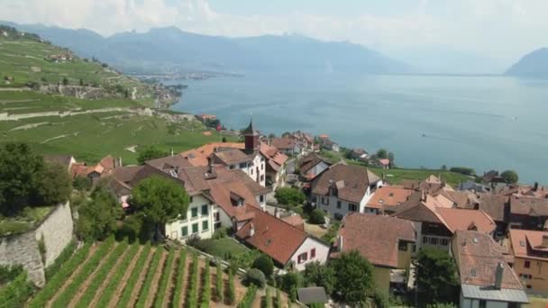 Cidade Velha Aérea Lago Genebra Cercada Por Vinhas Lago Fundo — Vídeo de Stock