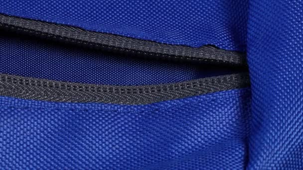 Black Zipper Opening Blue Textile Bag Macro Shot Detail — Stock Video