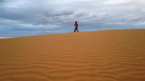Back View Woman Standing Sand Enying Sunset View Red Sand — Stockvideo