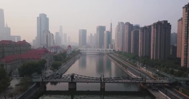 Napkelte Drón Lövés Folyó Központjában Tianjin Kína — Stock videók
