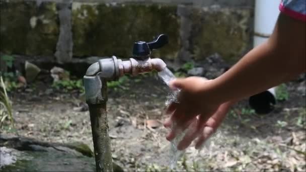 Slow Motion Asian Girl Hand Washes Water Tap Keep Clean — Stock Video