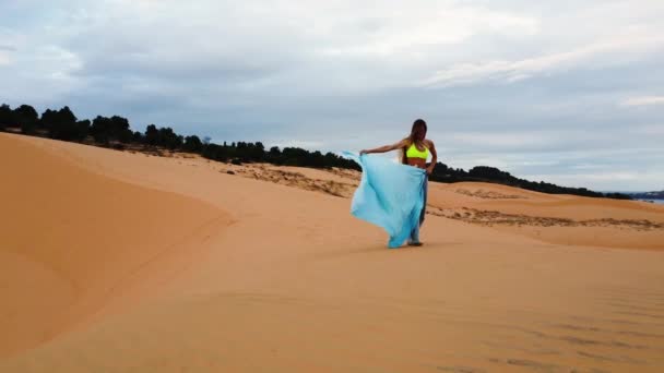 Mooi Vrouw Model Wandelen Woestijn Zand Duin Zwaaien Lange Zijde — Stockvideo