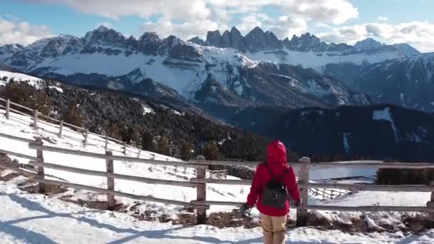 Aerial View Person Wearing Red Looking Italian Alp Mountains Landscape — Stockvideo