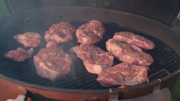 Pork Butt Chops Moved Spatula Flames Charcoal Grill — Video