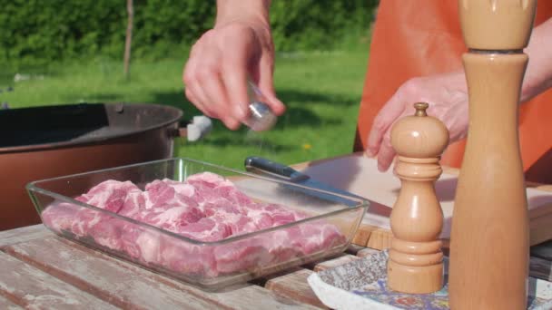 Male Hands Spice Pork Butt Chops Salt Ground Black Pepper — Vídeos de Stock