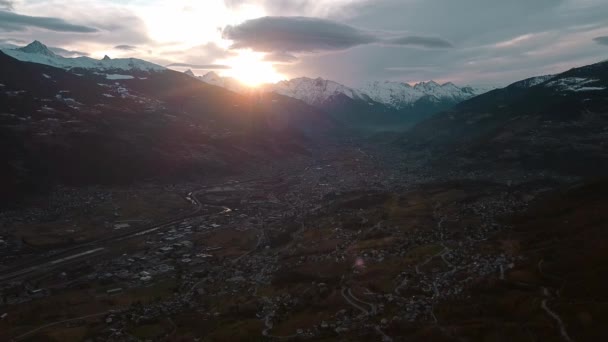 Aerial View Alpine Town Aosta Valley Surrounded Snow Covered Mountain — Stock Video