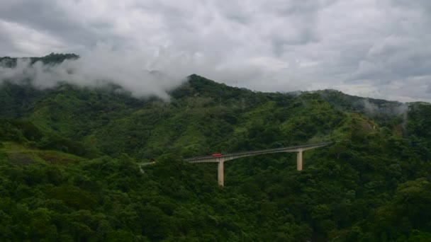 Aerial View Away Bridge Middle Rainforest Gloomy Day Costa Rica — Stock Video