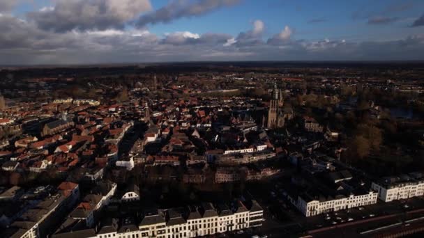 Aerial Zoom Approach Historic Tower Town Zutphen Cityscape Seen River — Stock Video