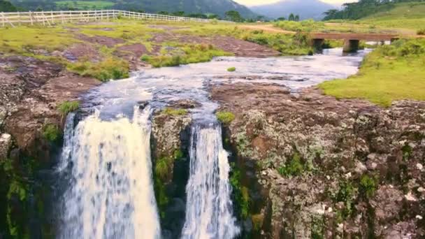 Waterfall Rural Area Mossy Rocks Downward Aerial Drone Footage Vertical — Stockvideo