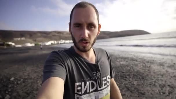 Young Male Blogger Influencer Recording Video Holding Smartphone His Follower — Vídeos de Stock