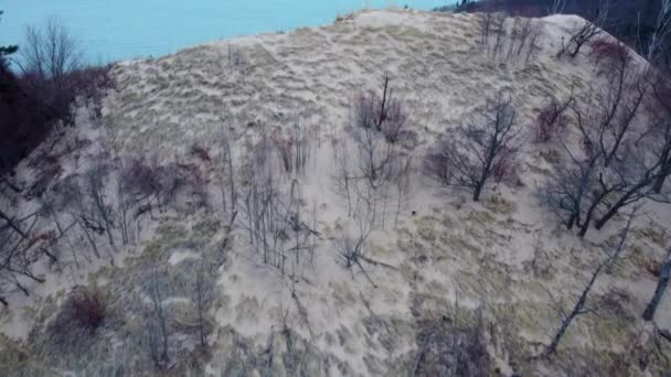 Drone Video Sand Dune Revealing Lake Michigan Inn Winter — Stockvideo