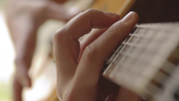 Slow Motion Close Shot Person Playing Guitar Fingerpicking — Stockvideo