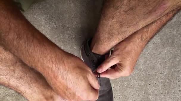 Impatient Older Caucasian Man Struggles Tie His Shoelaces — Stock Video