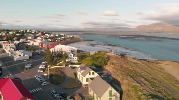 Aerial View Borgarnes Snaefellsnes Peninsula Iceland Sunset Summer Season Panoramic — Stock videók