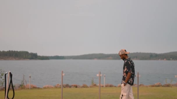 African Man Standing Fancy Pool Rich Guy Standing Pool Walking — Video Stock