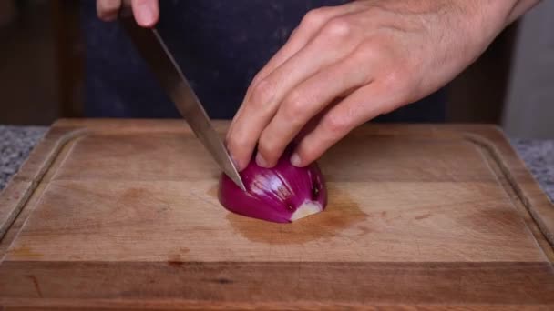 Primer Plano Del Cocinero Cortando Cebolla Roja Brunoise — Vídeos de Stock