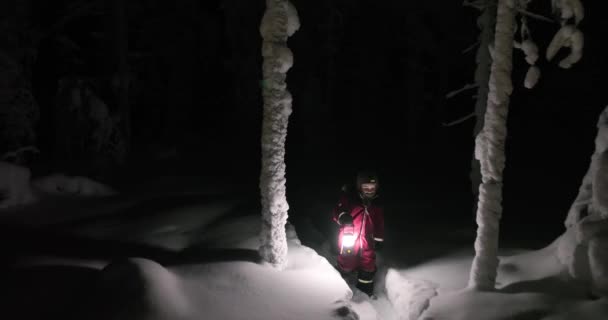 Letecký Pohled Chlapcem Kráčejícím Zasněženým Lesem Zimní Noc Laponsku Nízká — Stock video
