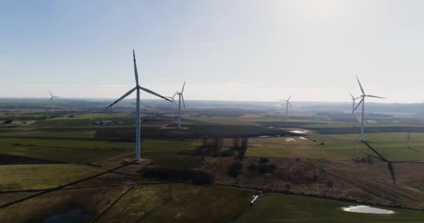 Beautiful Aerial Morning Landscape Lake Windmills Wind Turbine Fog Wind — Stock Video