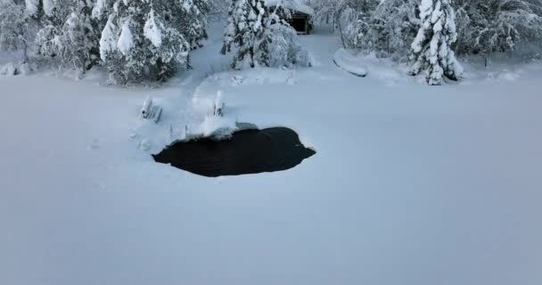 Aerial View Winter Swimming Ice Hole End Wharf Circling Drone — ストック動画