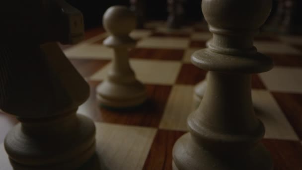 Chess Pieces Set Chessboard Ready Gameplay Slow Motion Closeup Pan — Stock Video