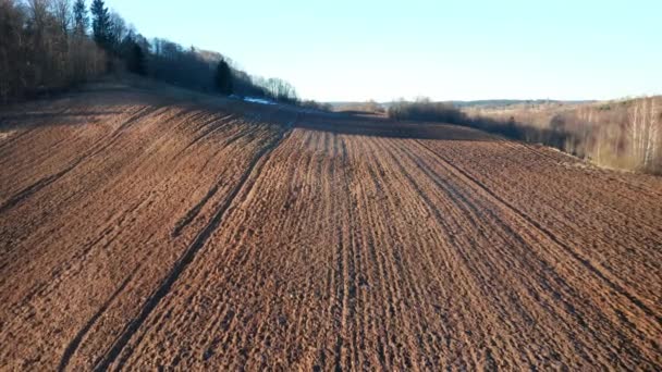 Aerial Plowed Farm Area Sunny Day Eastern Europe — Stockvideo