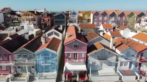 Aerial Shot Coloured Houses Costa Nova Prado Portugal Flying Sideways — Stockvideo